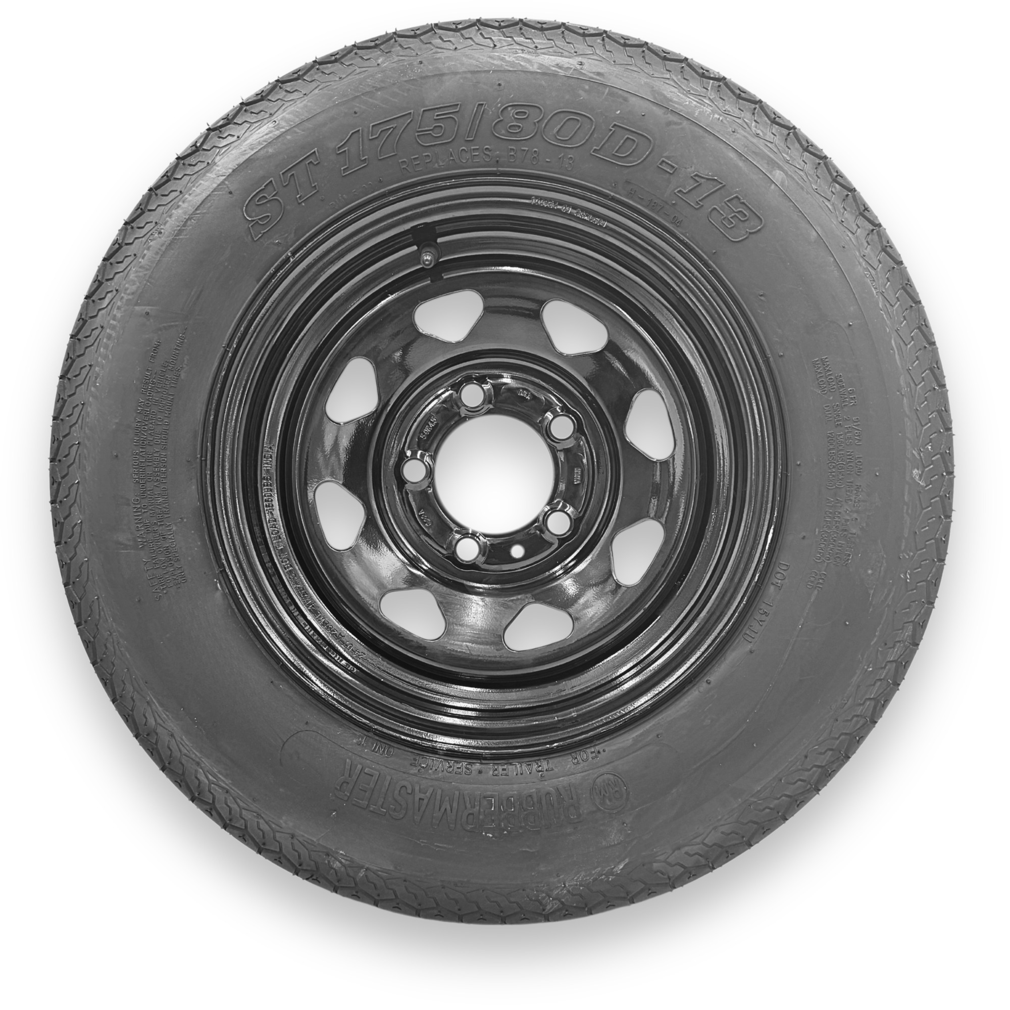RubberMaster Highway Rib Tire on Black Eight Spoke Wheel — ST175/80D13, 6 Ply, 5 on 4.5 Bolt Pattern, Model# 599205BLK